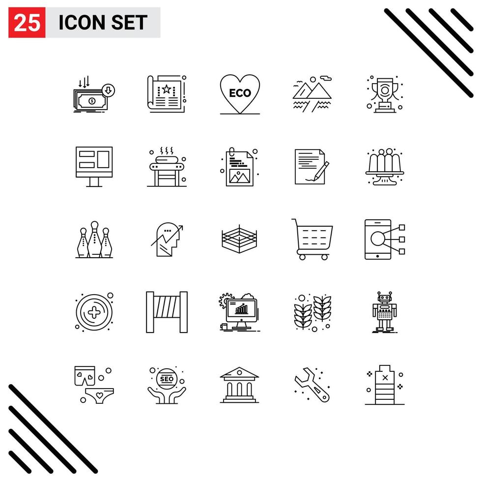 Set of 25 Commercial Lines pack for mountain camping cover environment heart Editable Vector Design Elements