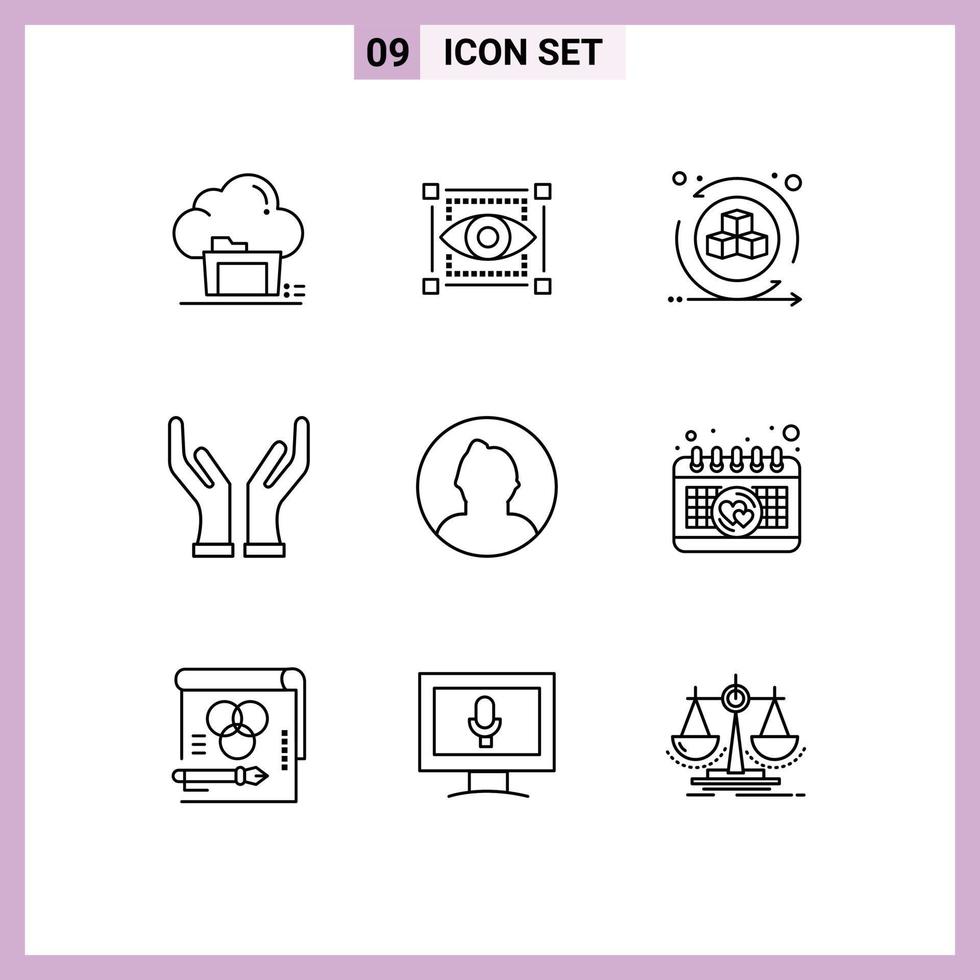 Pack of 9 creative Outlines of man hands eye caring virtual Editable Vector Design Elements