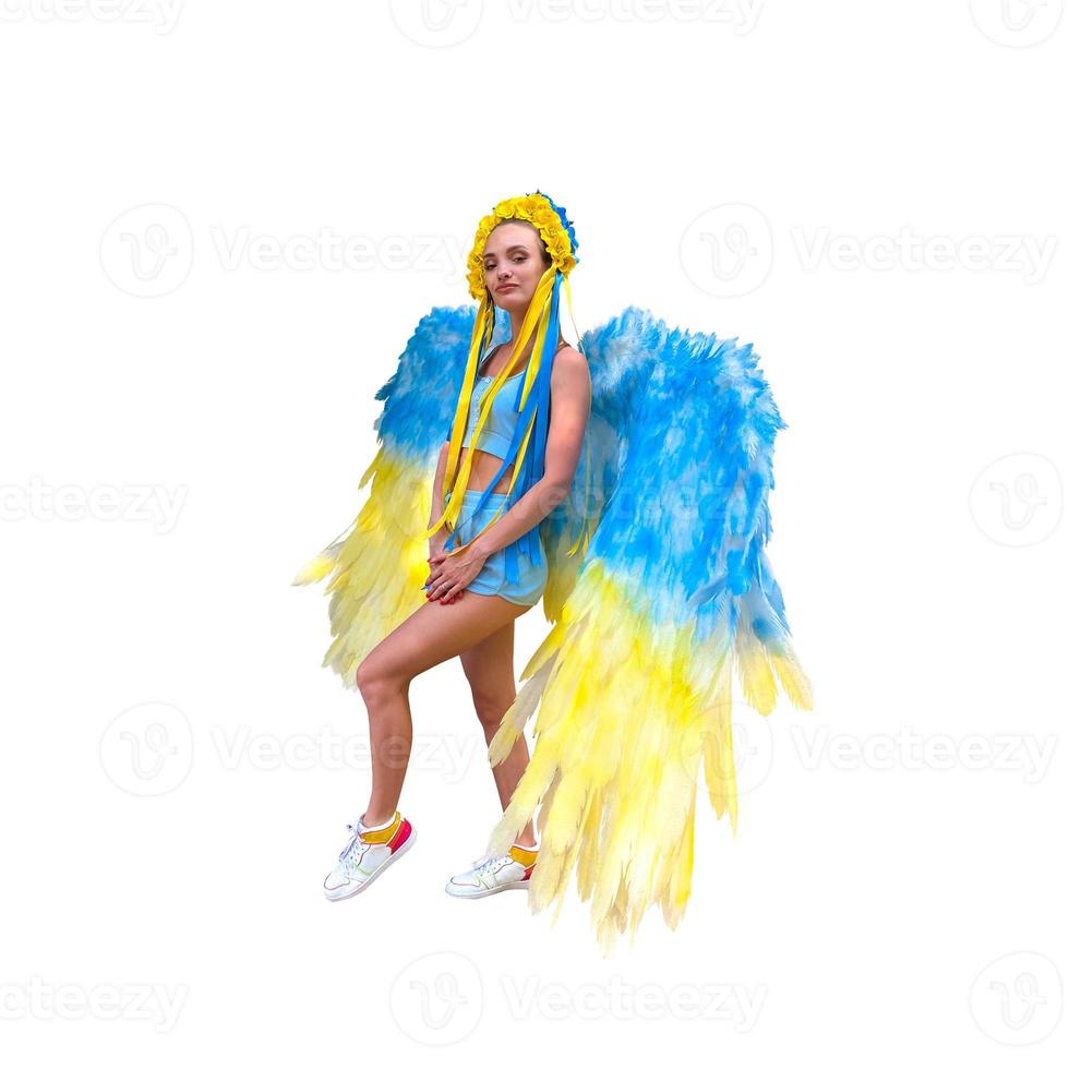 Lovely woman in Blue and yellow wreath and wings photo