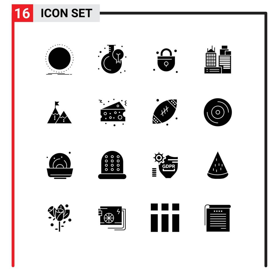 Pack of 16 creative Solid Glyphs of achievement work progress place building Editable Vector Design Elements