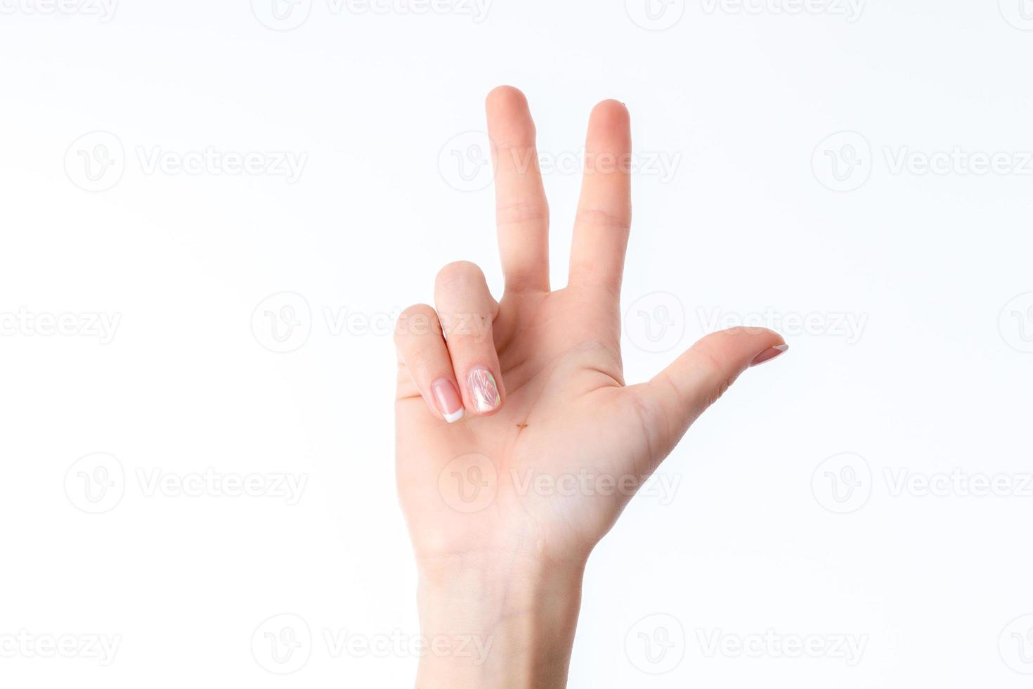 the human hand gesture showing three fingers isolated on white background photo