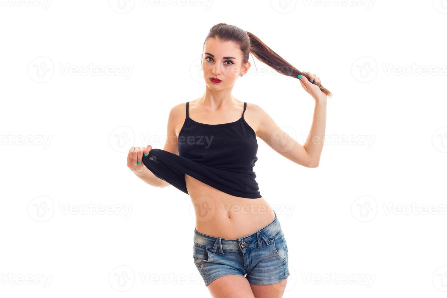 Portrait of a charming young girl with long hair that turned her head