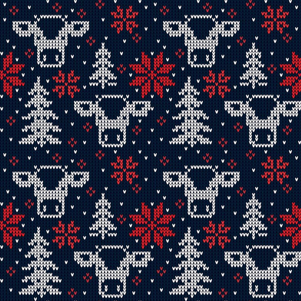 Knitted Christmas and New Year pattern in cow. Wool Knitting Sweater Design. Wallpaper wrapping paper textile print. Eps 10 vector