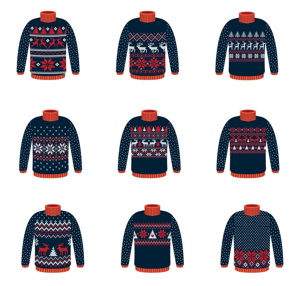 Vector ugly sweaters for Christmas party. Knitted jumpers with winter patterns esp
