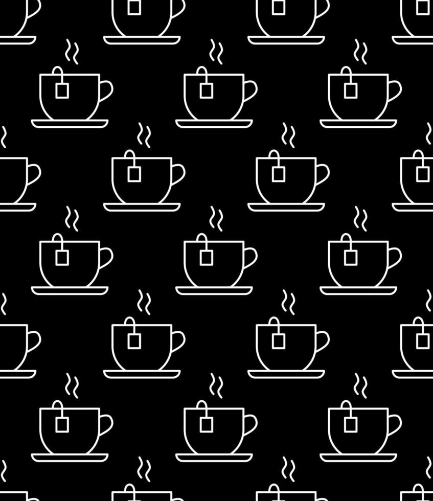 Coffee cup seamless pattern. Sketch tea and coffee cups, hot drinks various mugs black outline, cafeteria wallpaper engraving vector texture. Takeaway paper cups, design for coffee house