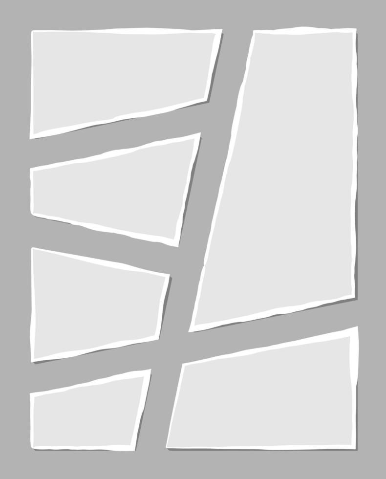 Set of torn white note. Scraps of torn paper of various shapes isolated on gray background. Vector illustration.