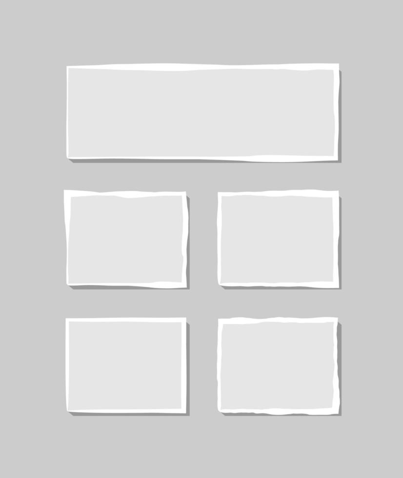Set of torn white note. Scraps of torn paper of various shapes isolated on gray background. Vector illustration.