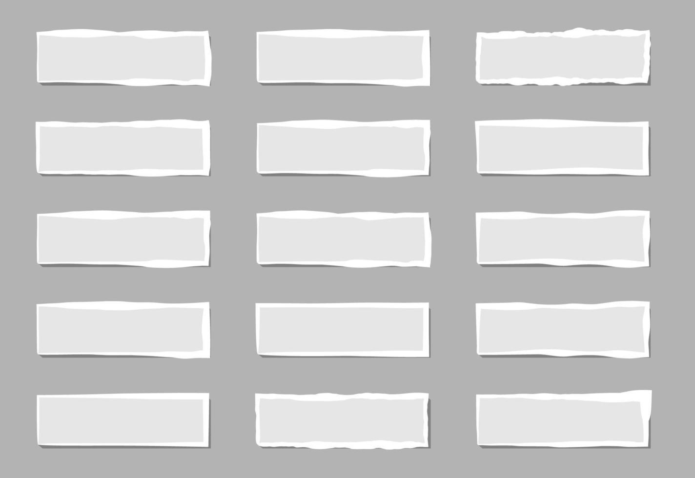 Set of torn white note. Scraps of torn paper of various shapes isolated on gray background. Vector illustration.