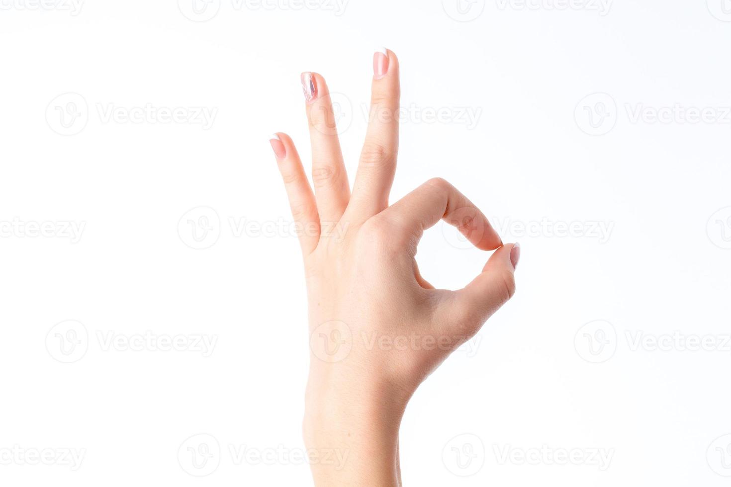 female hand showing the gesture with two fingers clasped and raised three  up isolated on white background photo