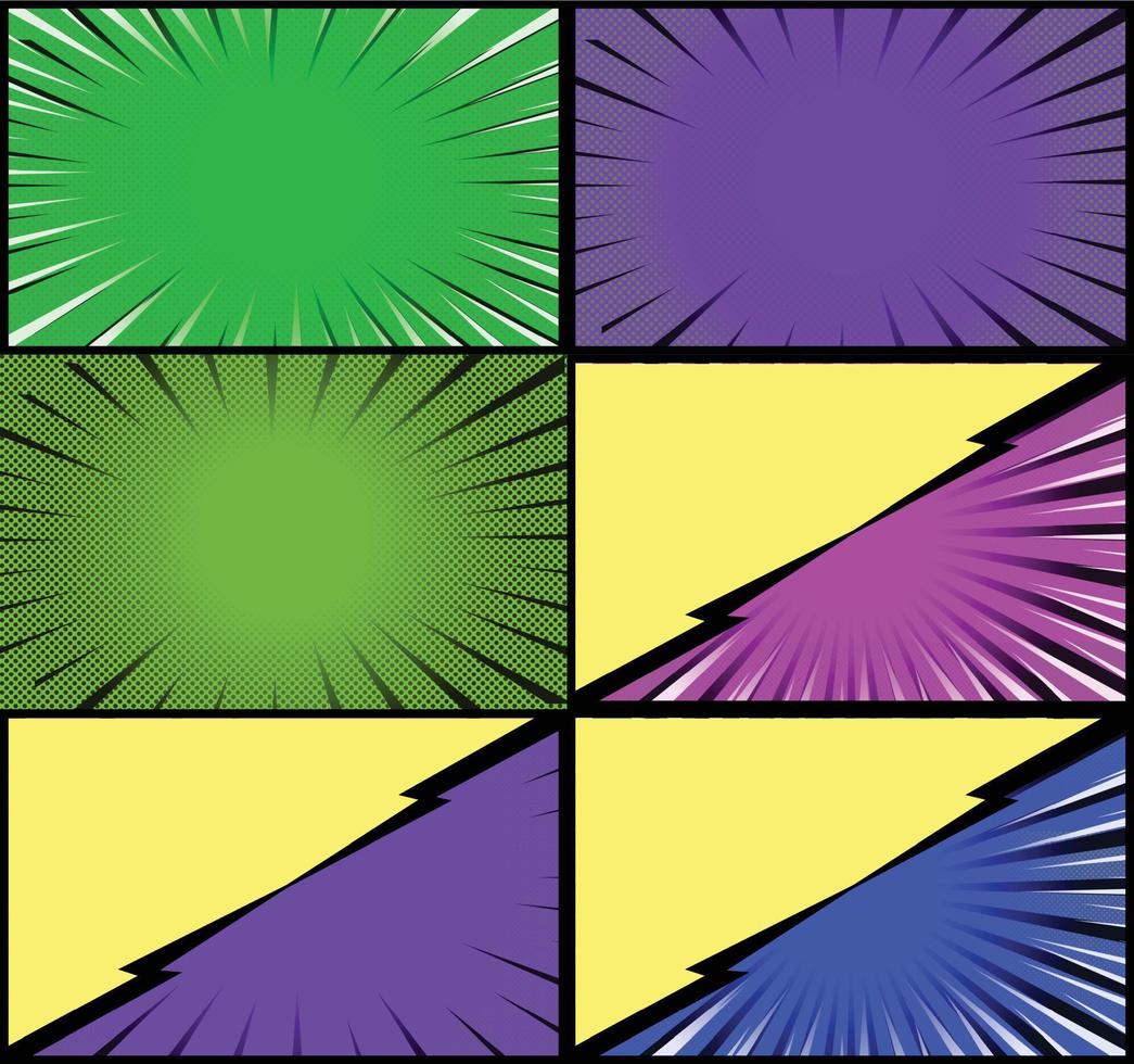 Comic book colorful frames background with halftone rays radial and dotted effects pop art style vector