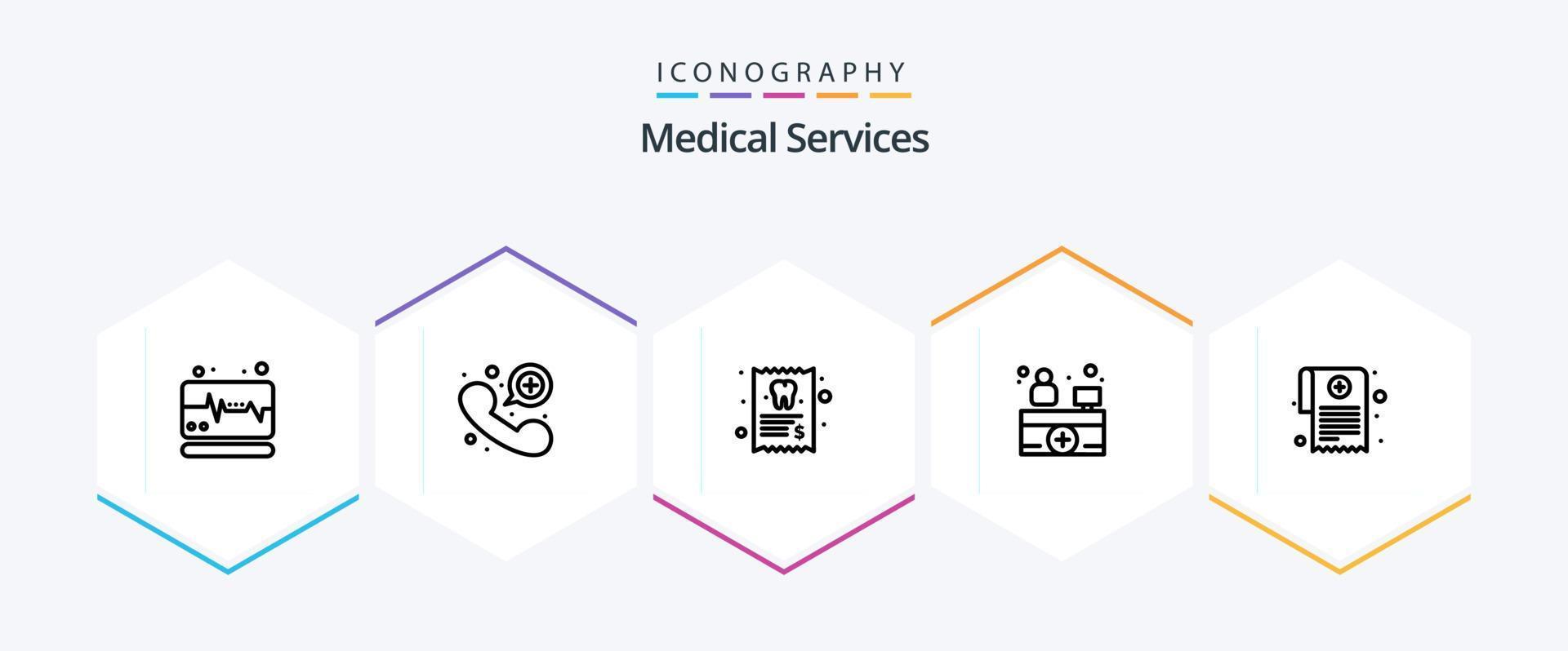 Medical Services 25 Line icon pack including report. medication. medical. medical report. hospital receptionist vector