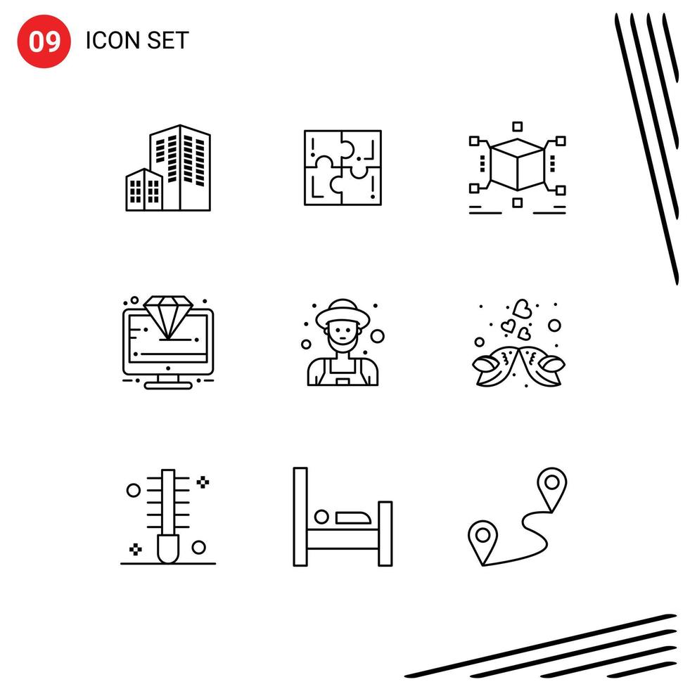 Modern Set of 9 Outlines Pictograph of farmer premium cube monitor diamond Editable Vector Design Elements