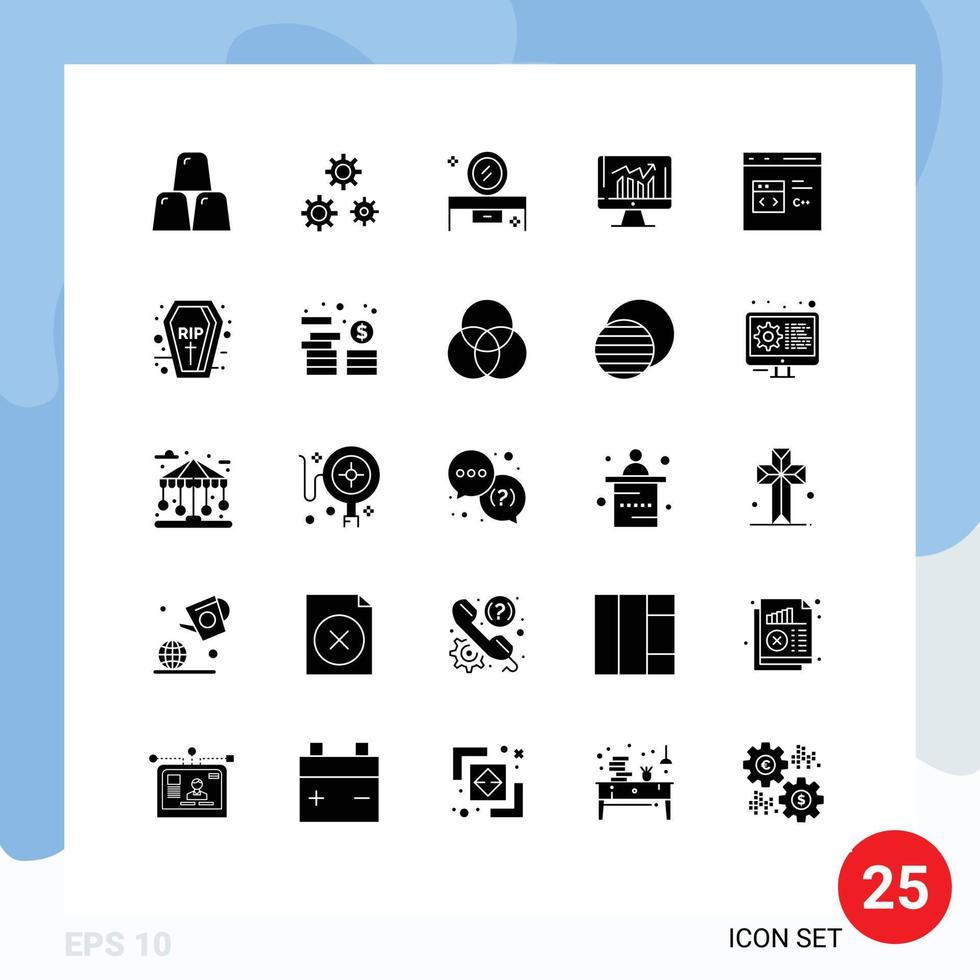 25 User Interface Solid Glyph Pack of modern Signs and Symbols of dashboard report beauty salon mirror graph mirror table Editable Vector Design Elements
