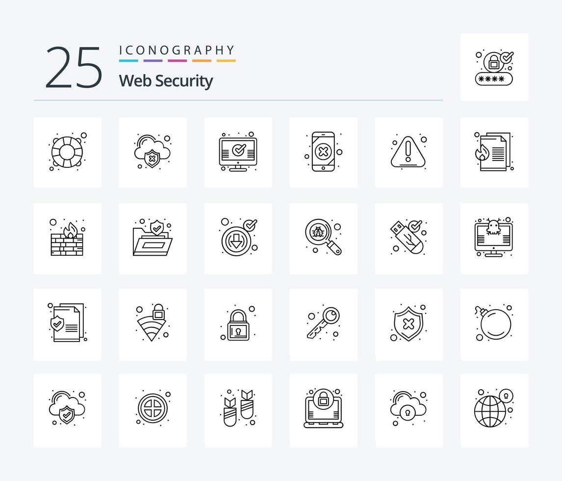 paquete de iconos de 25 líneas de seguridad web que incluye error. pérdida. controlar. fuga. datos móviles vector