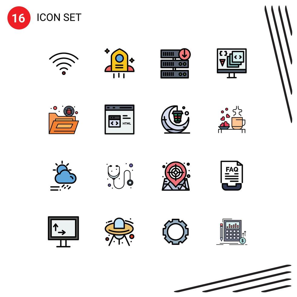 Flat Color Filled Line Pack of 16 Universal Symbols of folder bug server downgrade programming develop Editable Creative Vector Design Elements