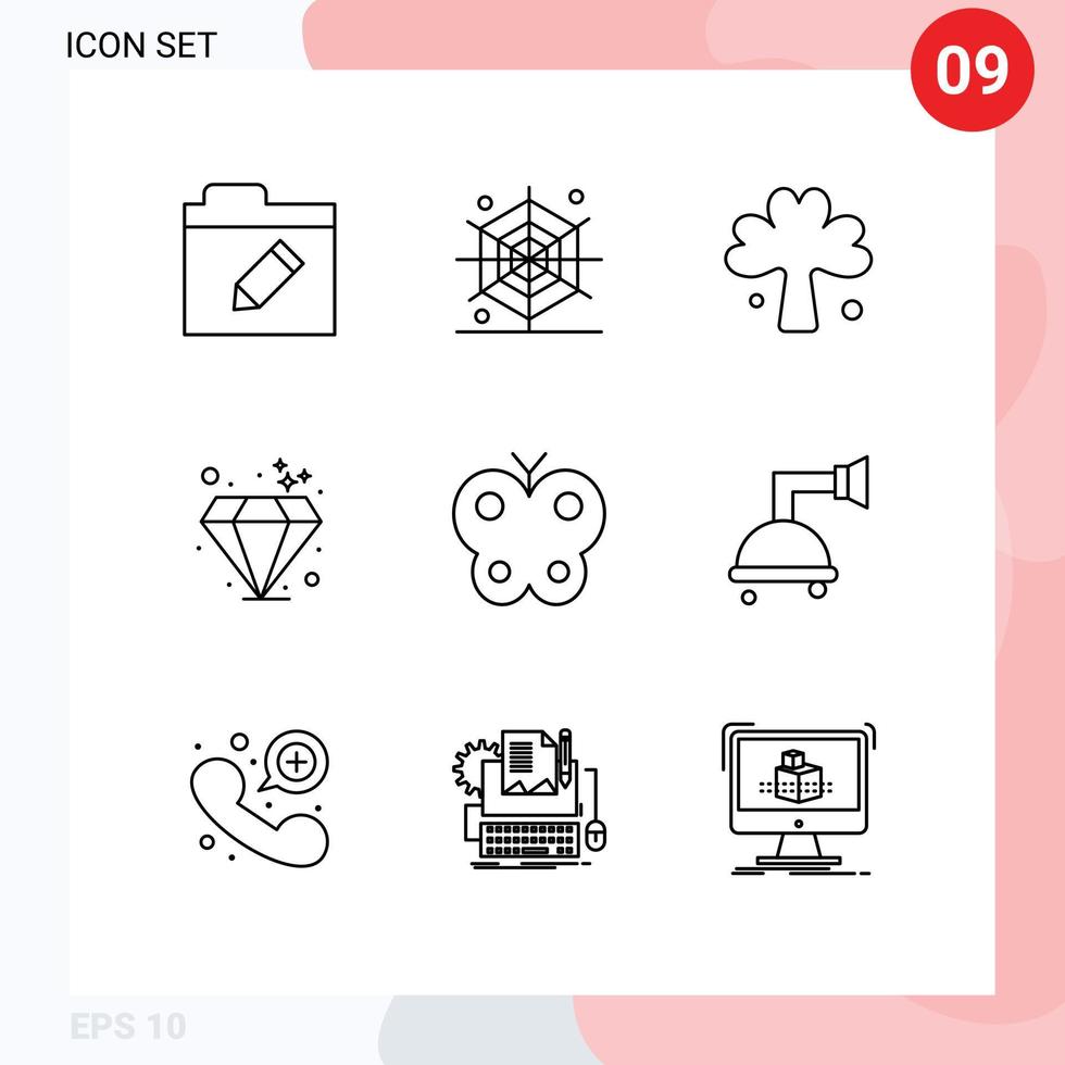 Stock Vector Icon Pack of 9 Line Signs and Symbols for nature butterfly ireland animal gem Editable Vector Design Elements