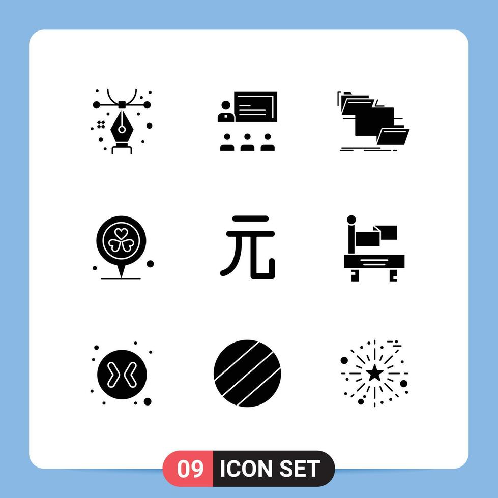 Group of 9 Modern Solid Glyphs Set for currency pin folder location copy Editable Vector Design Elements