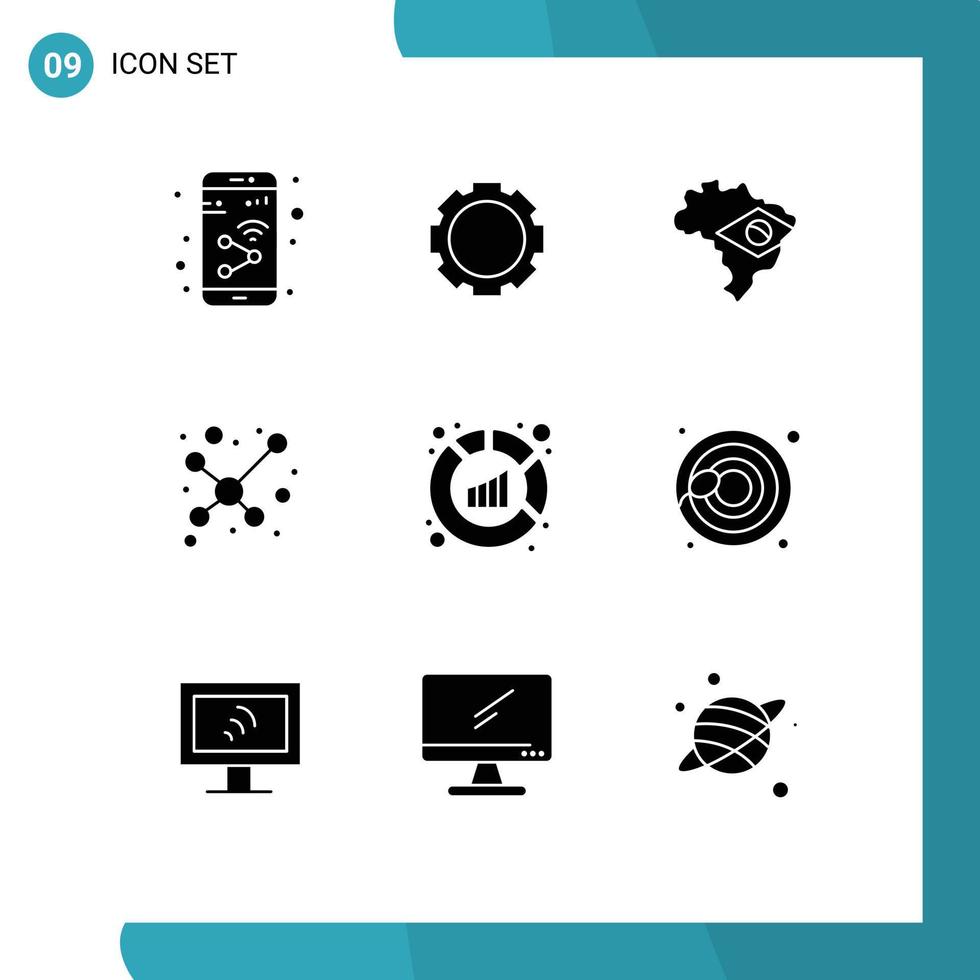 Pack of 9 creative Solid Glyphs of analysis report map analytics molecule Editable Vector Design Elements