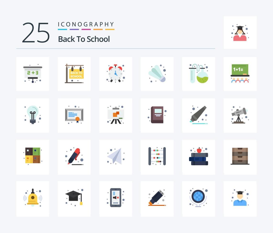 Back To School 25 Flat Color icon pack including education. flask tube. clock. lab. game vector