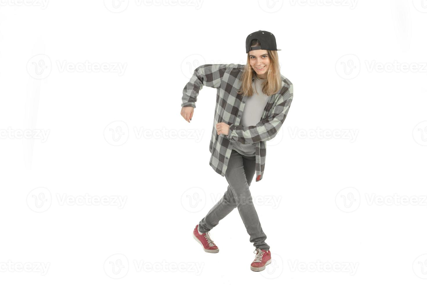 blonde woman in shirt with square pattern photo