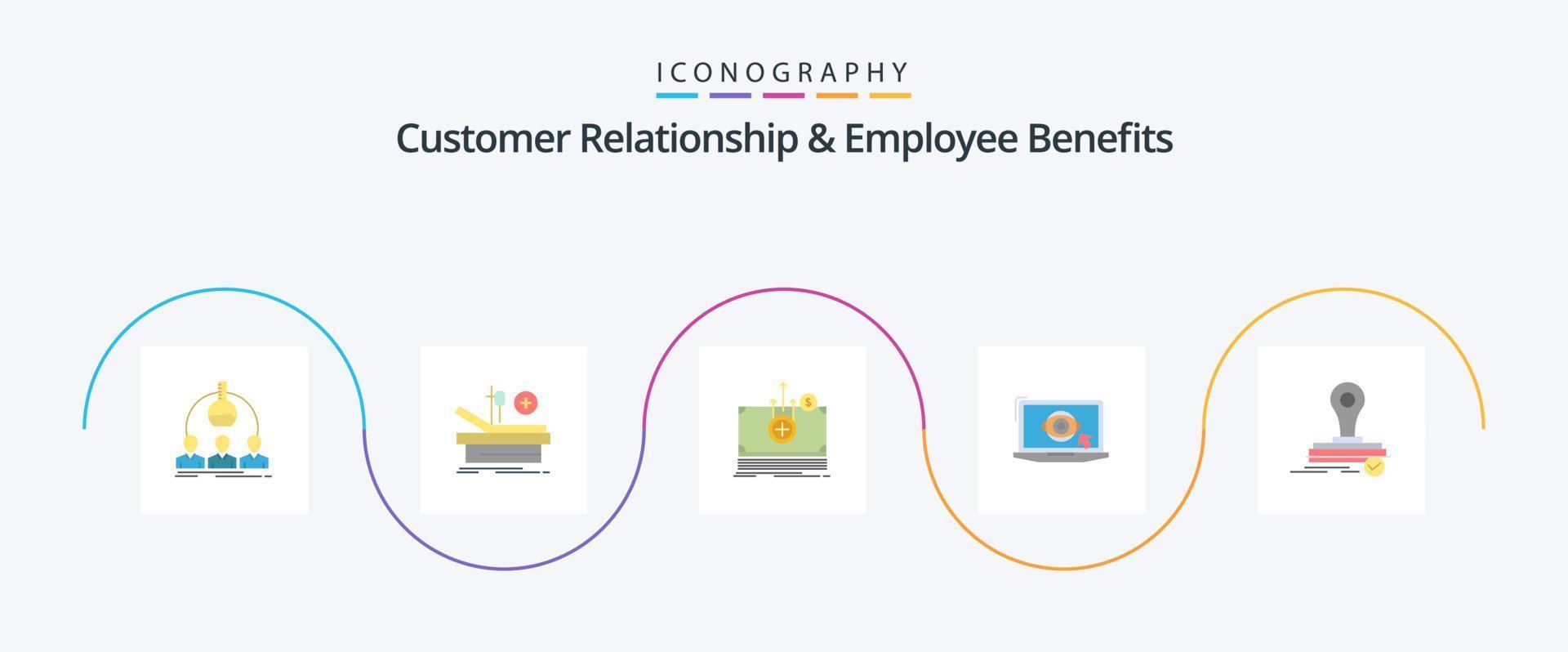 Customer Relationship And Employee Benefits Flat 5 Icon Pack Including stamp. lcd. hospital. monitor. transfer vector