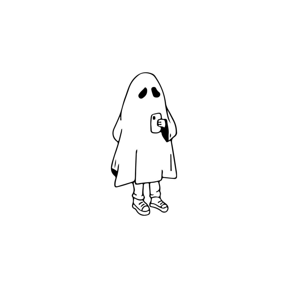 Ghost and Phone. Hand drawn sketch. Halloween Ghost doodle. Vector