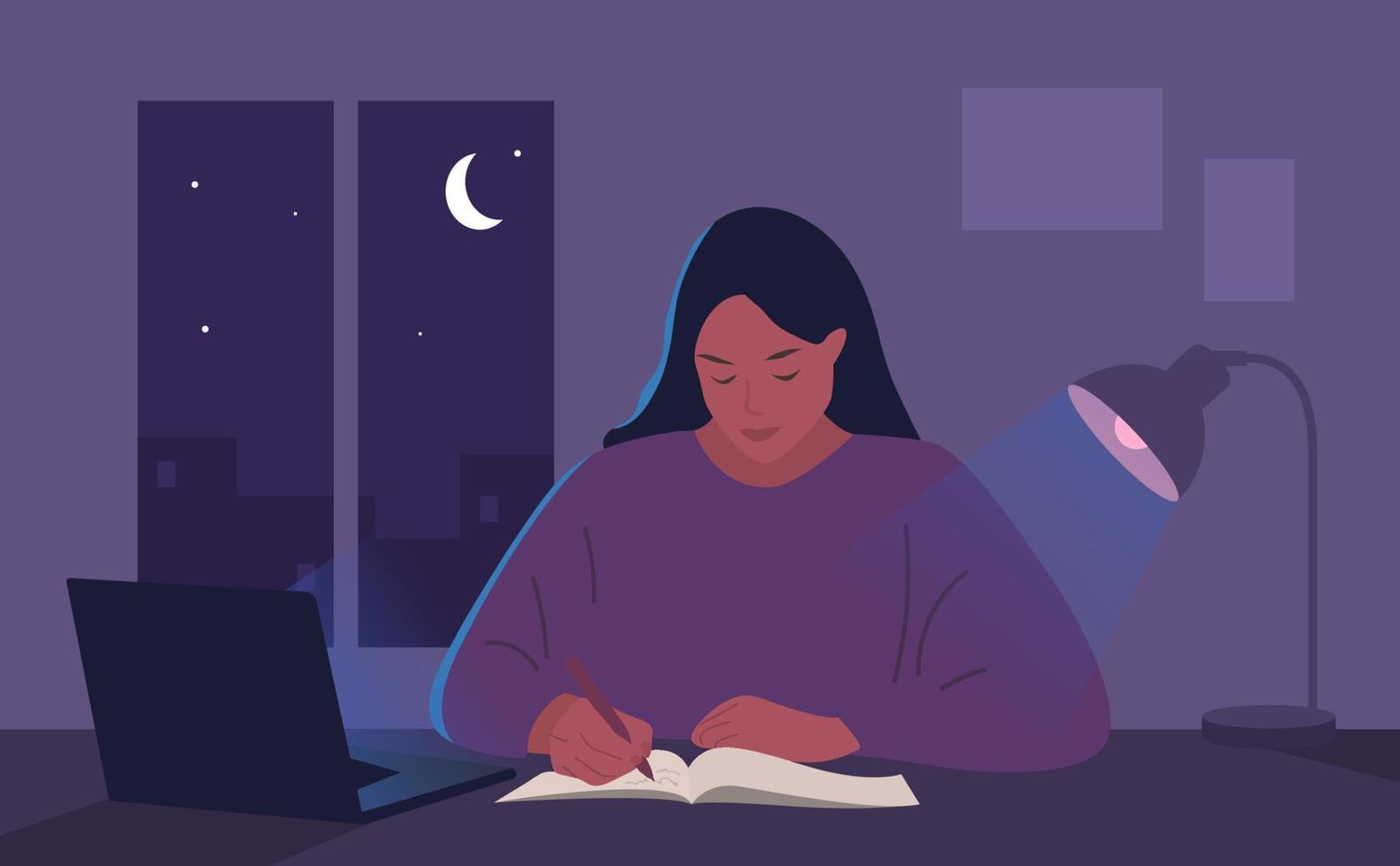 mujer estudiando a última hora de la tarde. chica de estudio nocturno. estilo plano vector