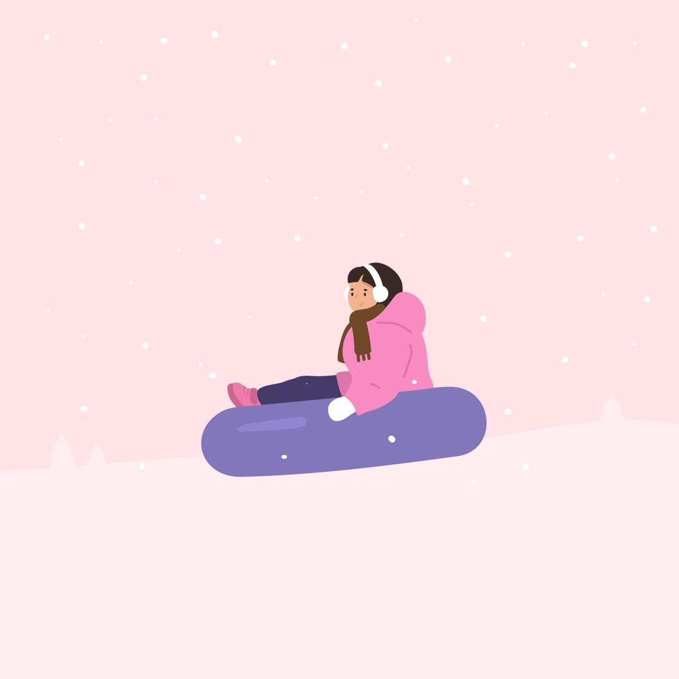 Snow tubing. Little girl. Winter activity. Vector