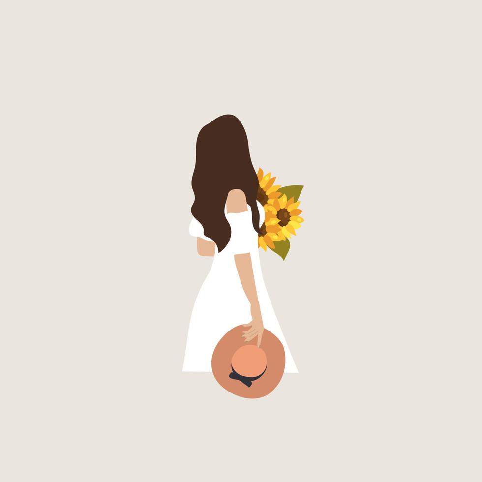 Beautiful young woman. Sunflower bouquet. Trendy Summer outfit. Vector