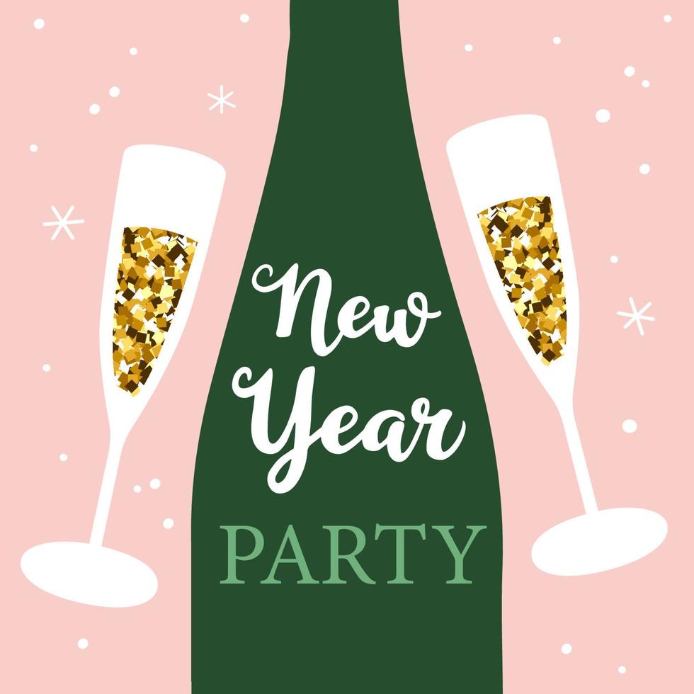 New year Party Celebration. Champagne illustration. Hand drawn. Vector