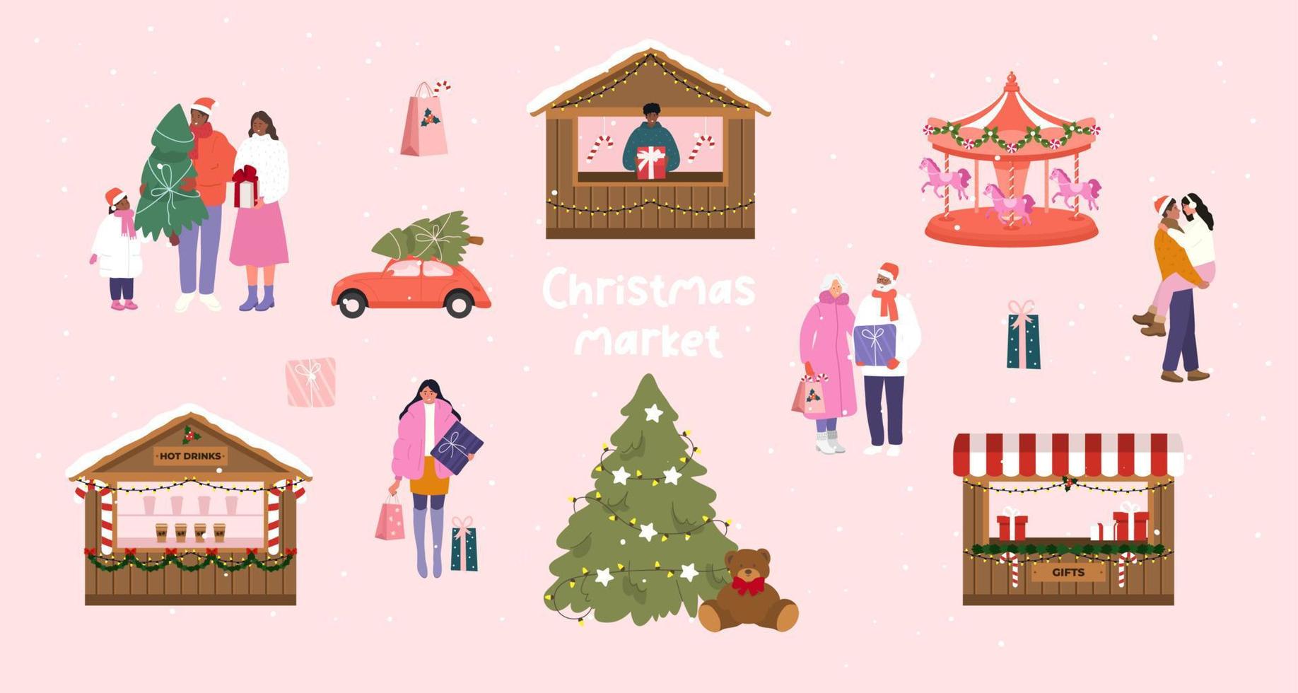 mercado de Navidad. la gente compra regalos de navidad. vector