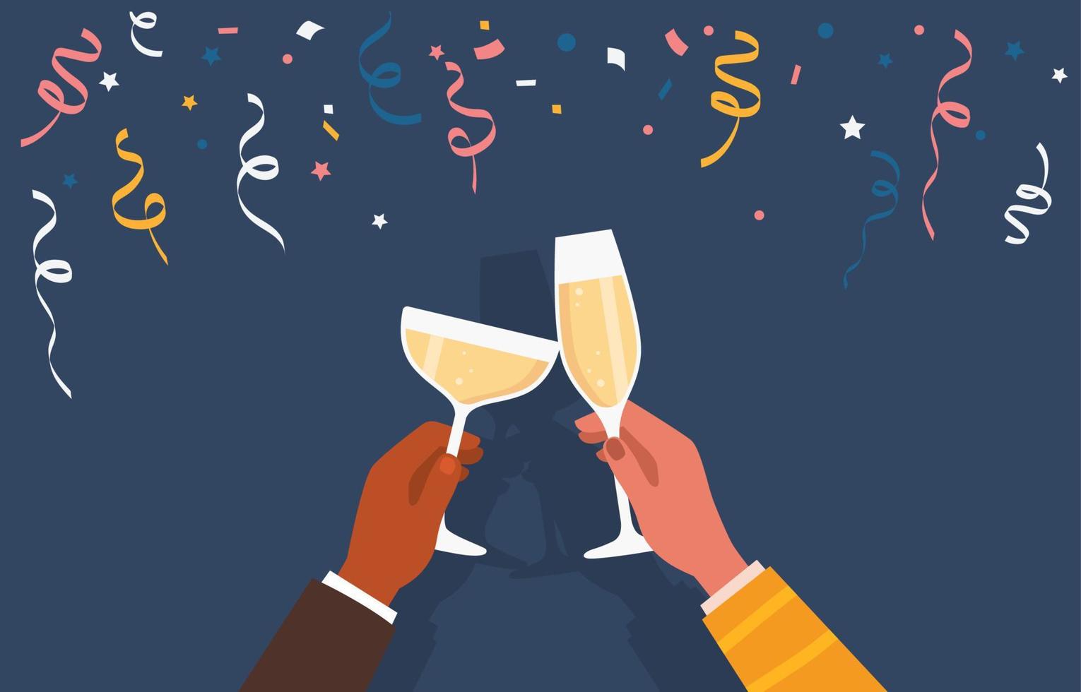 Cheers glasses. Celebration. Hands holding glasses. Party. Vector