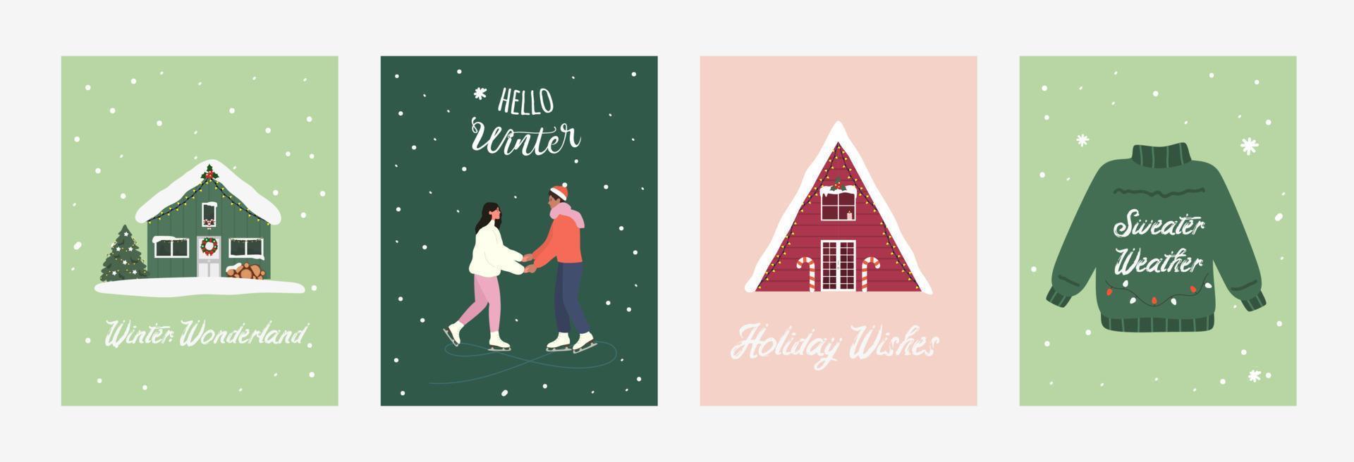 Christmas cards set. Hand drawn Christmas, New Year, Winter illustrations. Vector