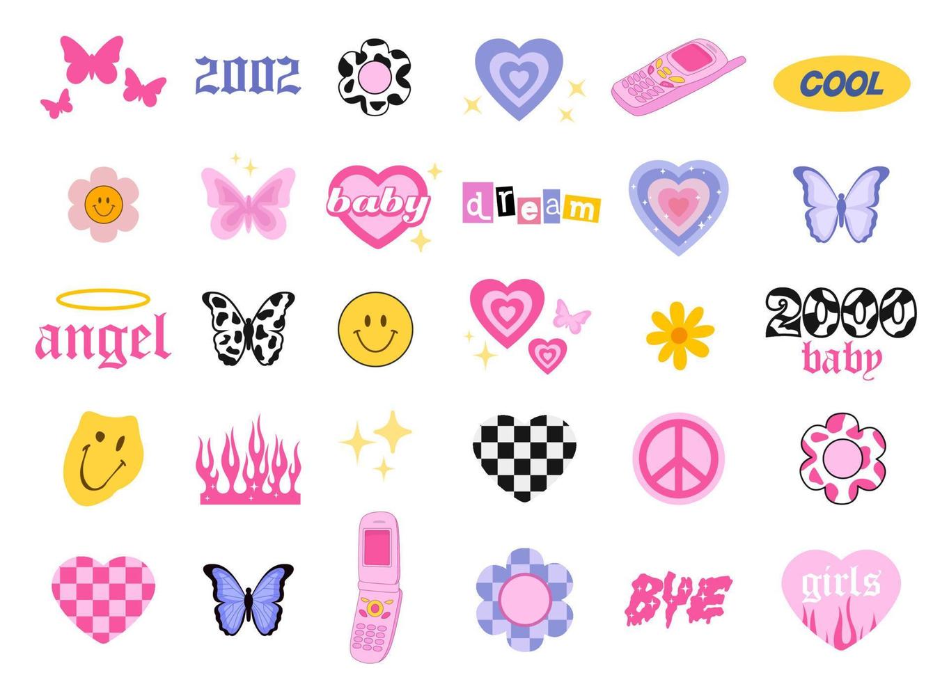 Y2k style icons. Glamorous  trendy doodles set. 90s and 2000s style. Vector
