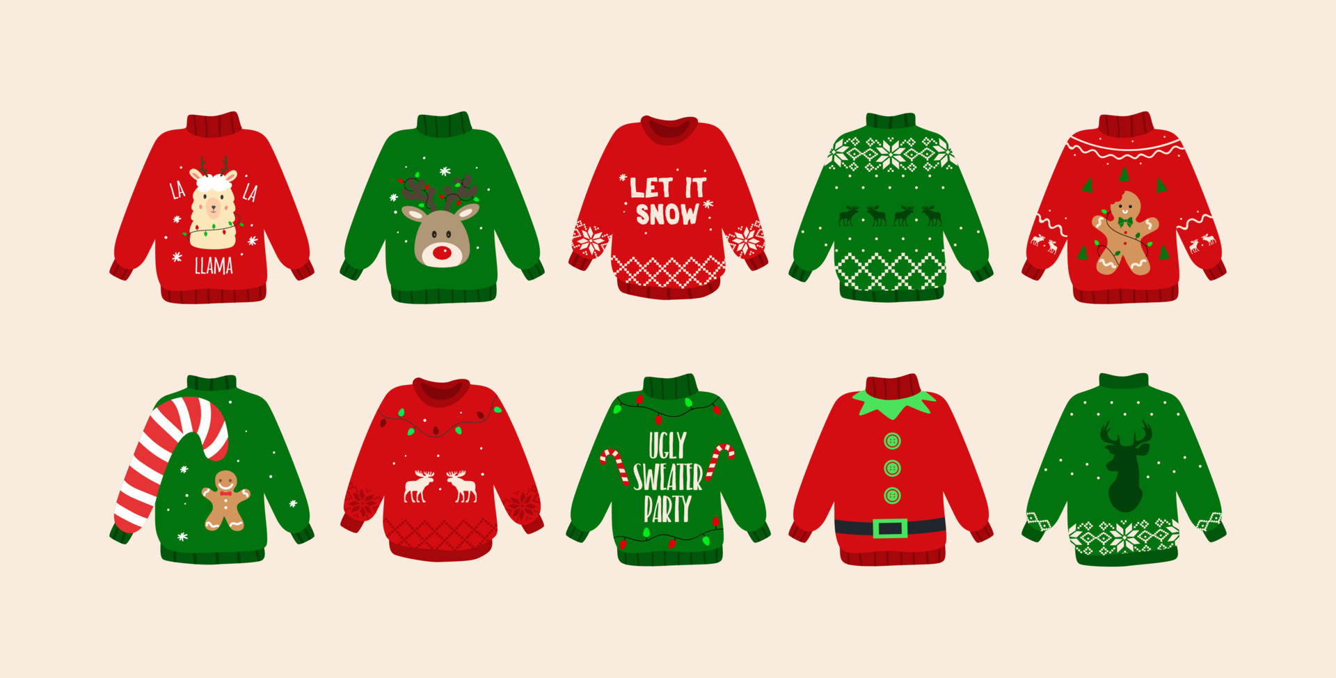 Christmas Ugly sweaters set. Cute sweater doodles. Isolated. Vector