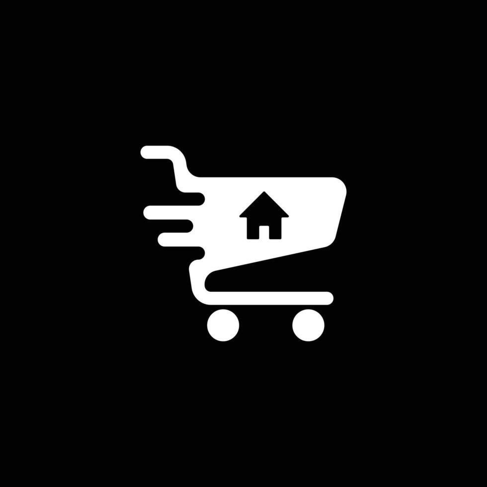 eps10 icono de carrito de compras en línea vectorial blanco o logotipo aislado en fondo negro. carro con símbolo de hogar en un estilo moderno y sencillo para el diseño de su sitio web, logotipo y aplicación móvil vector