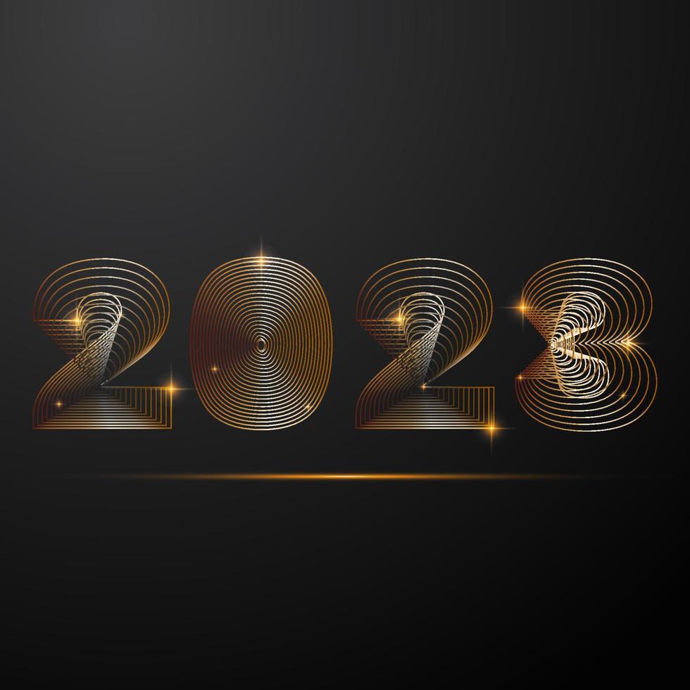 Happy New 2023 Year golgen banner with blend numbers and sparkles. Greeting Card, Banner, Poster. Vector Illustration.