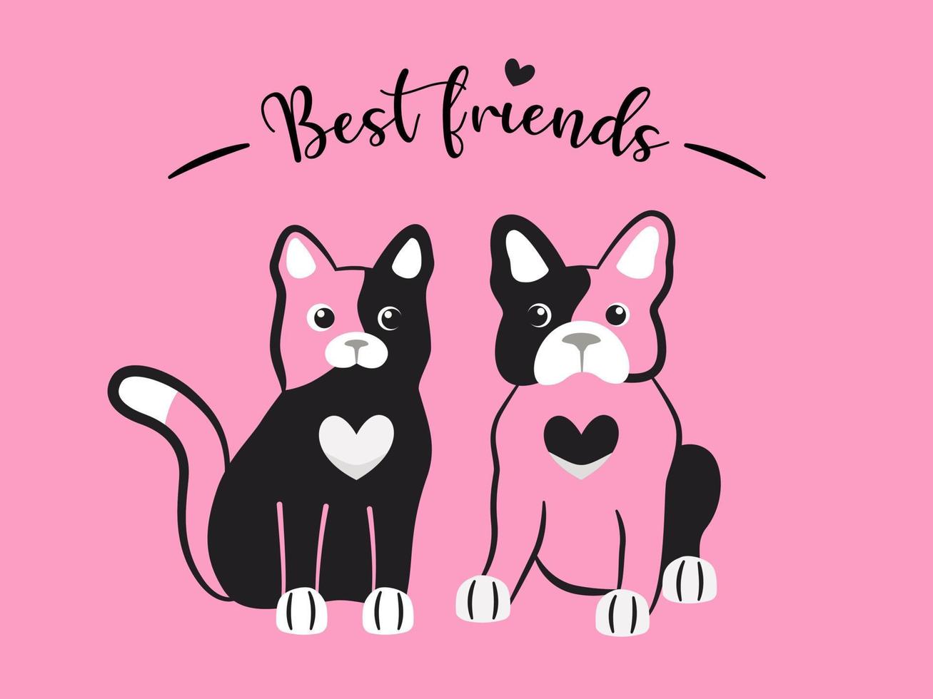 Cat and dog together are best friends. Friendship of two cute cartoon pet characters. Pair of french bulldog and kitty with text vector