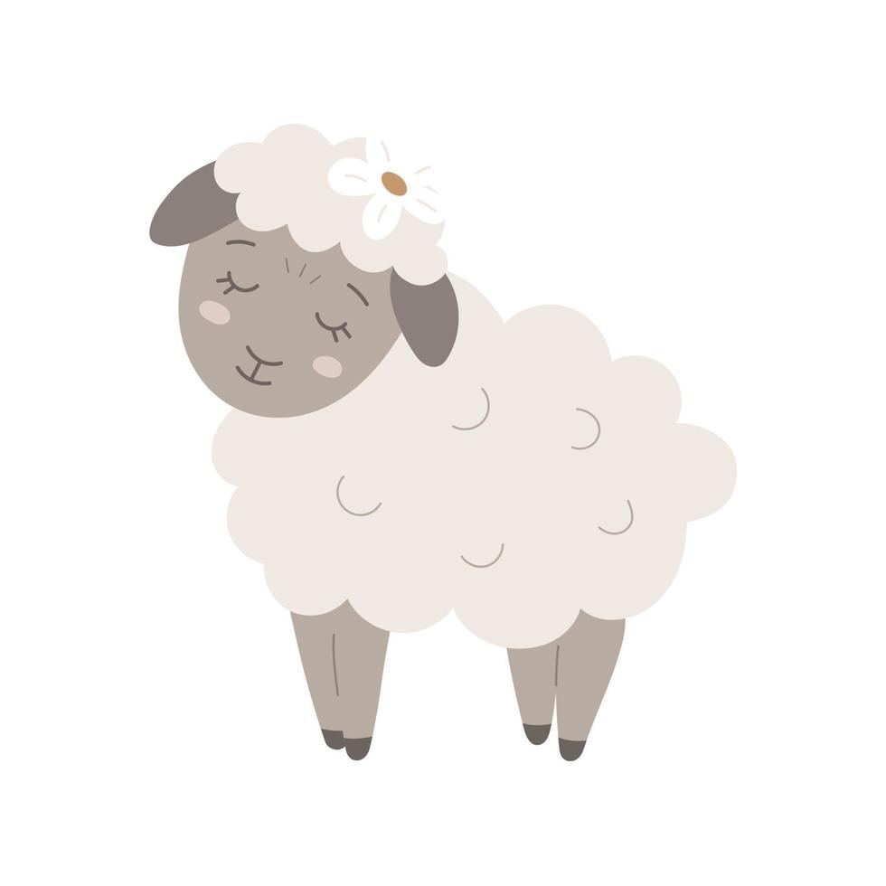Cute vector illustration of the little girl sheep with flower on the head, sweet lamb for children
