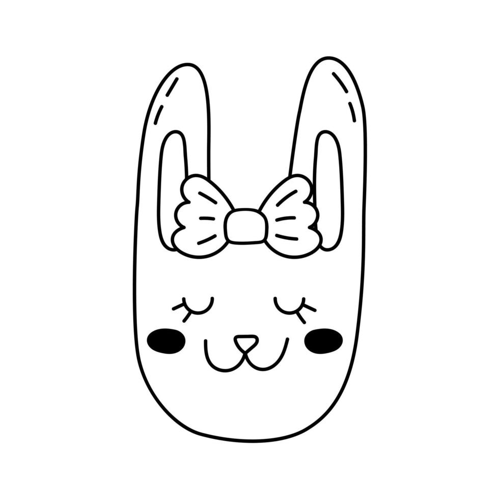 Vector outline bunny icon for children, rabbit doodle girl with bow for Merry Christmas