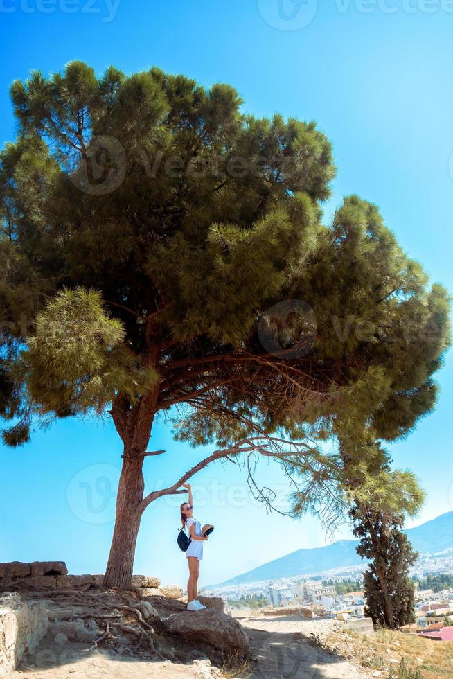 stylish girl stands near a large tree photo