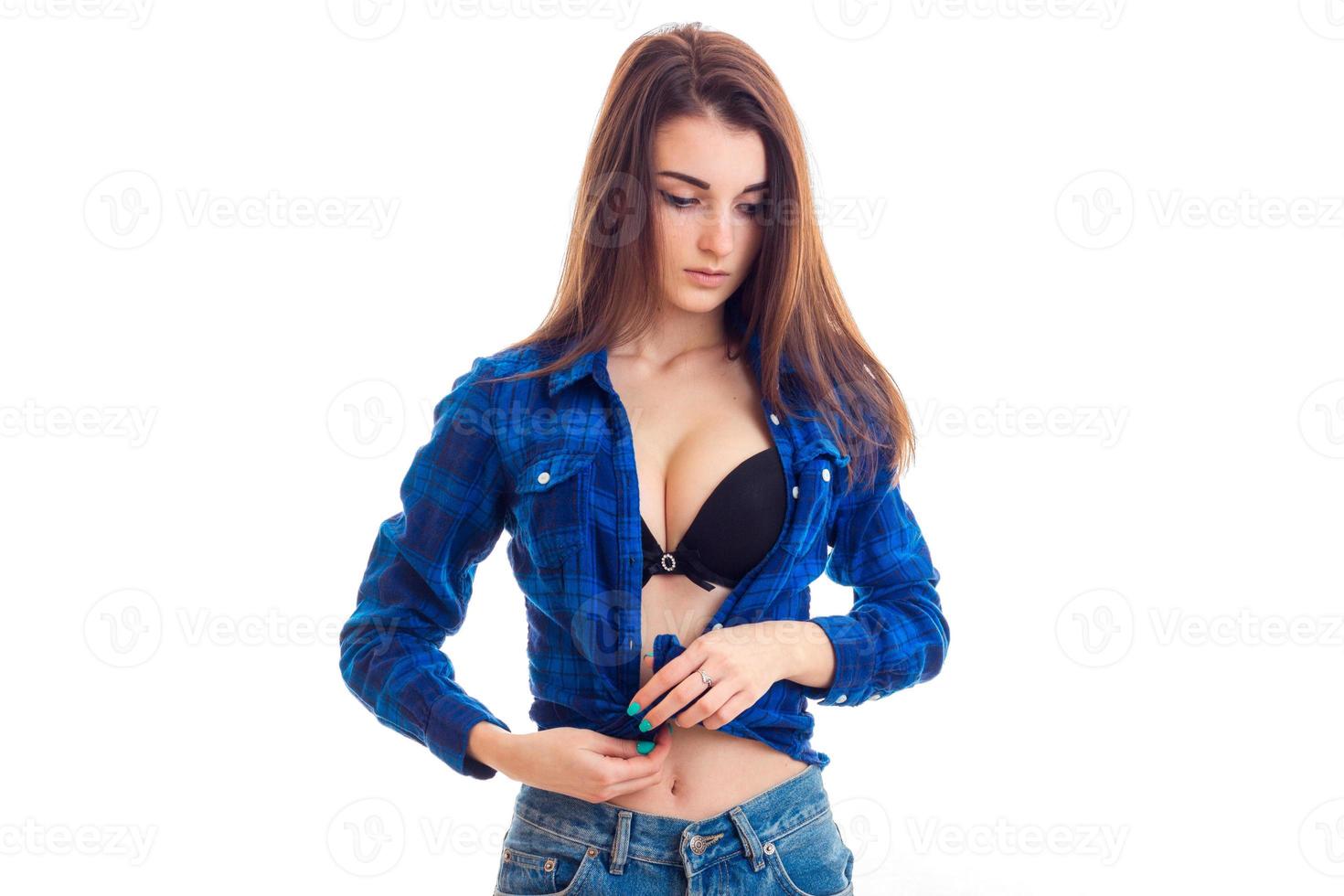 Girl opening her bra. Stock Photo