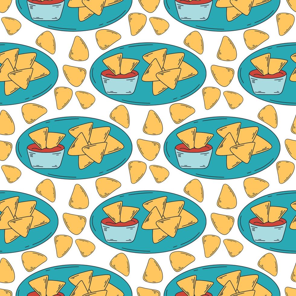 Corn chips with spicy sauce seamless pattern. Latin american food background vector