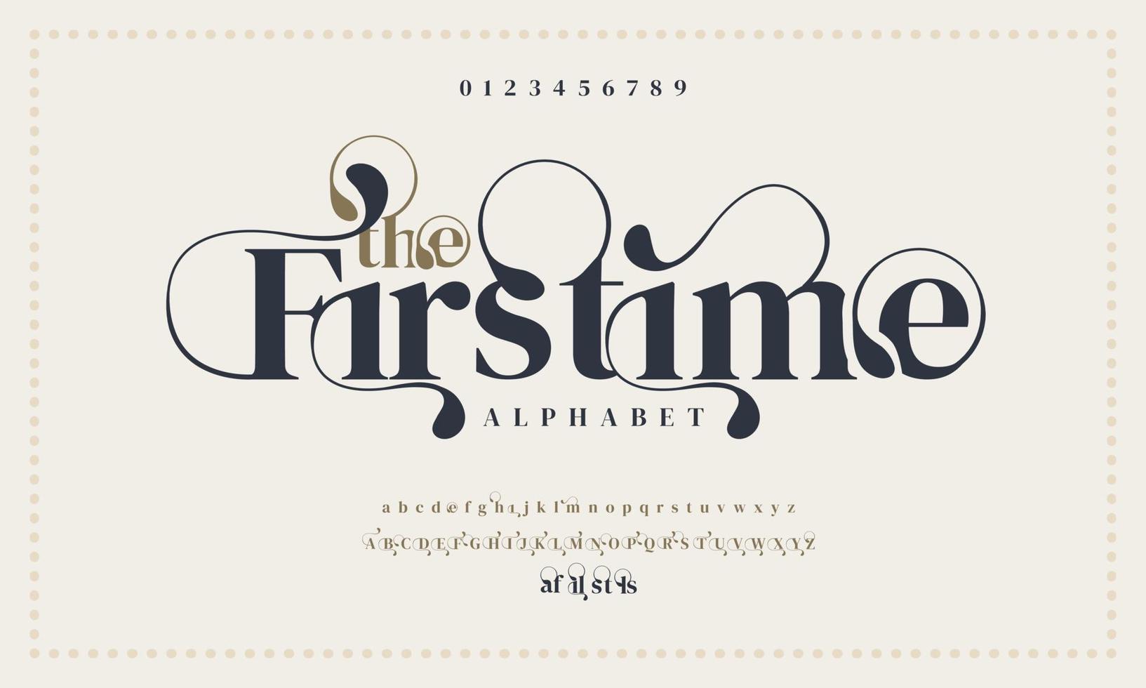 Números y letras del alfabeto elegantes de lujo por primera vez. elegante tipografía de boda fuente serif clásica decorativa vintage retro. vector