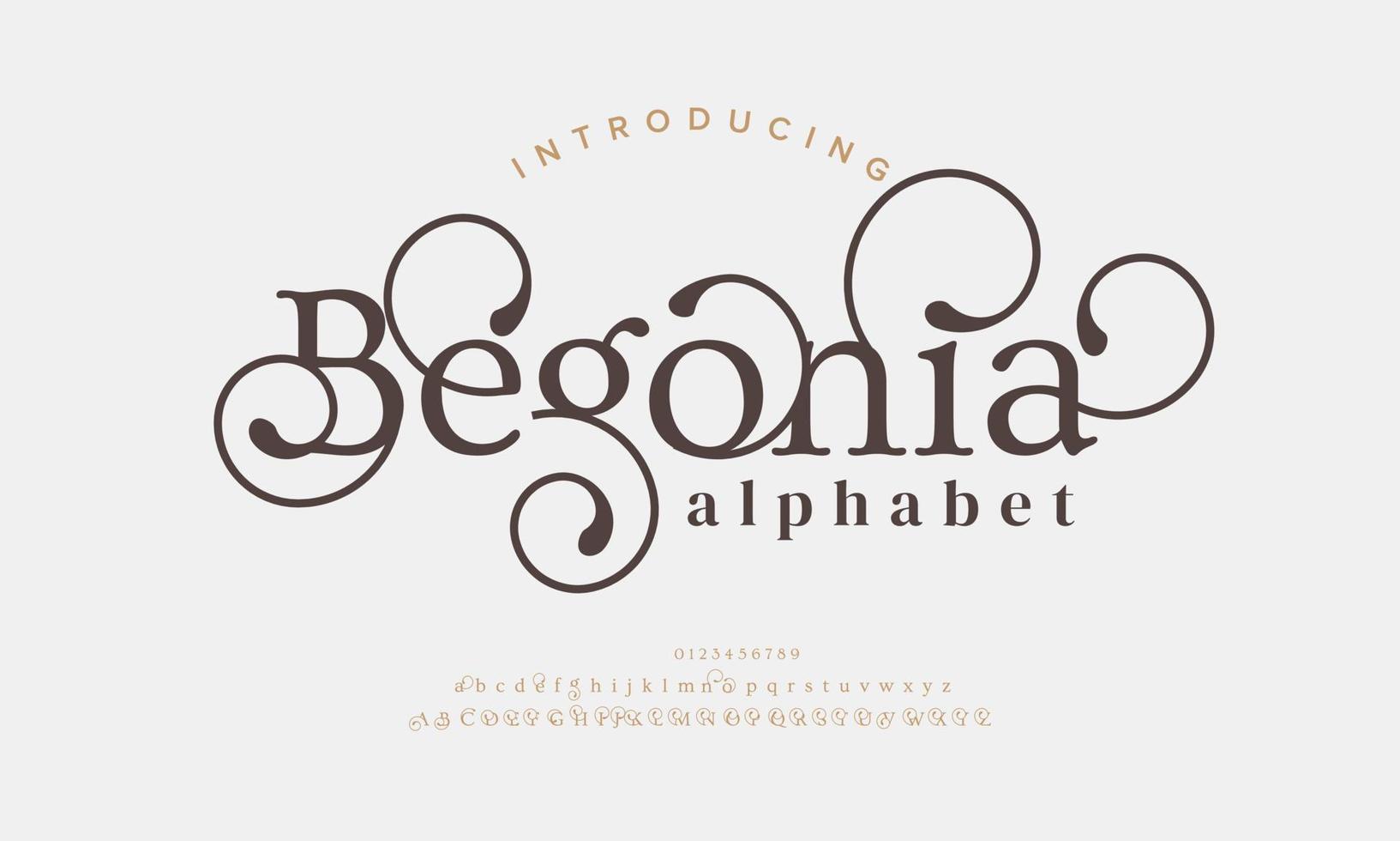 Begonia luxury elegant alphabet letters and numbers. Elegant wedding typography classic serif font decorative vintage retro. vector