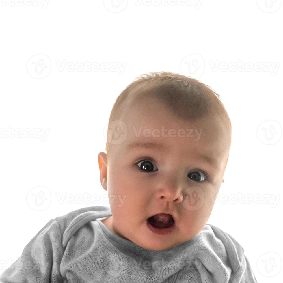 emotional baby girl isolated on white background photo