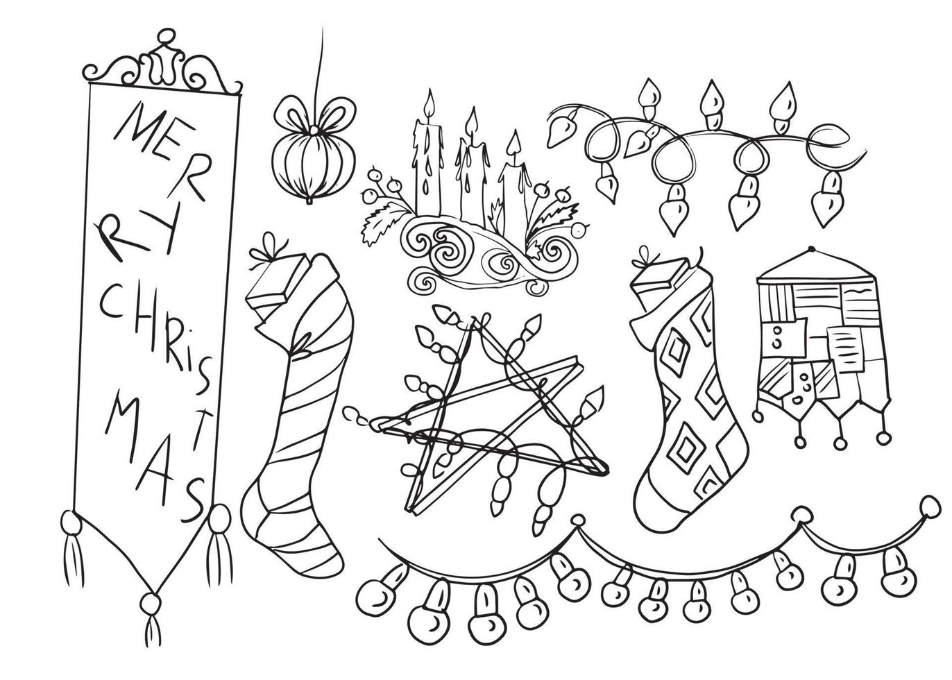 Christmas doodles sketchhand drawn separate elements of decor for the new year cozy interior coloring book for children set on a white background light bulbs garlands stars vector