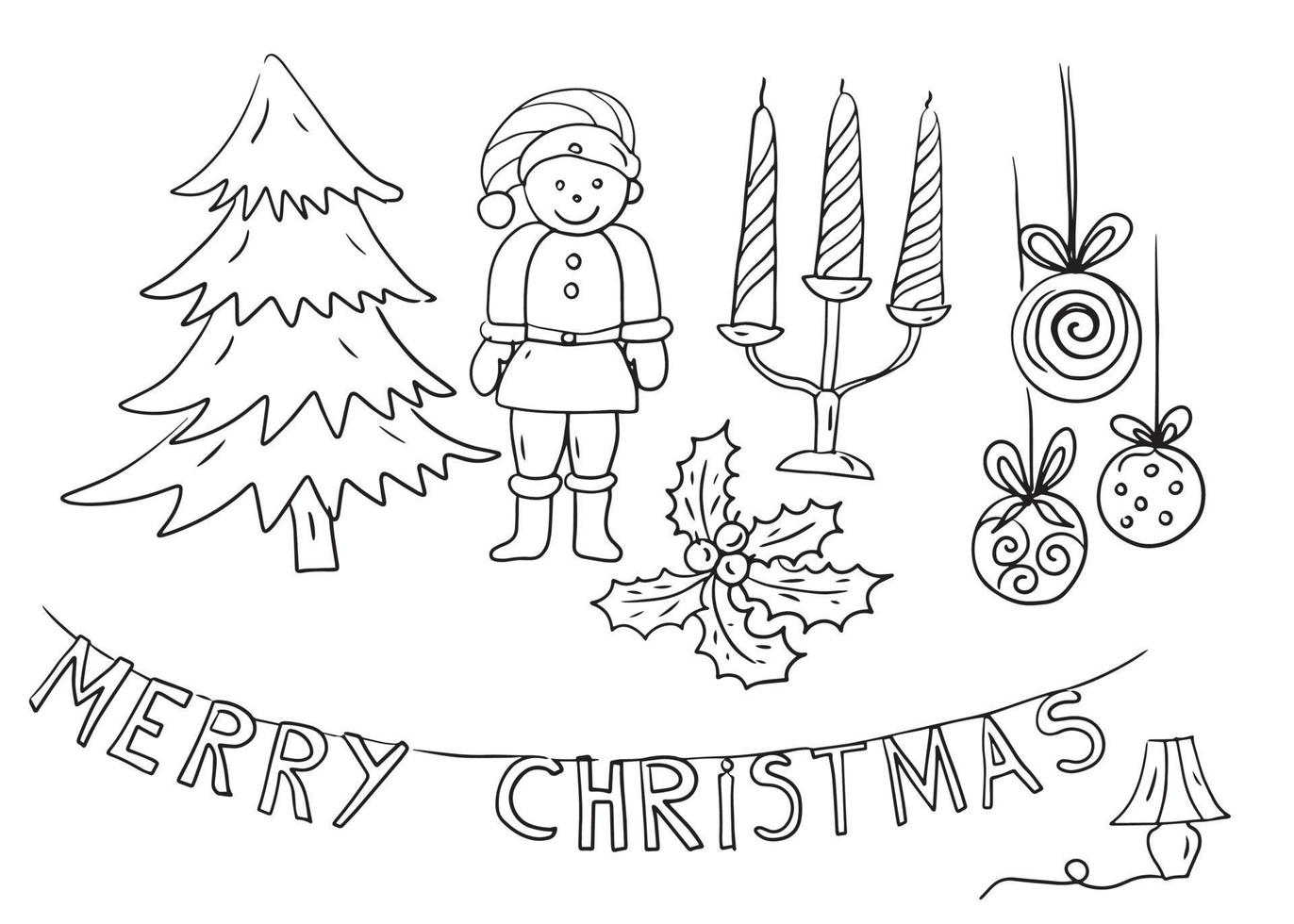 Christmas doodles candles tin soldier gnome sketch hand-drawn separate elements of decor for the new year cozy interior coloring for children set on a white background light bulbs garlyags stars vector