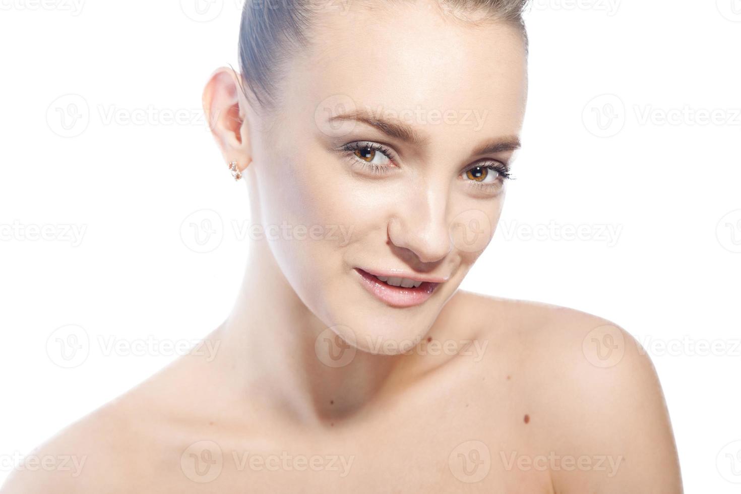 cheerful woman with brown eyes in studio photo