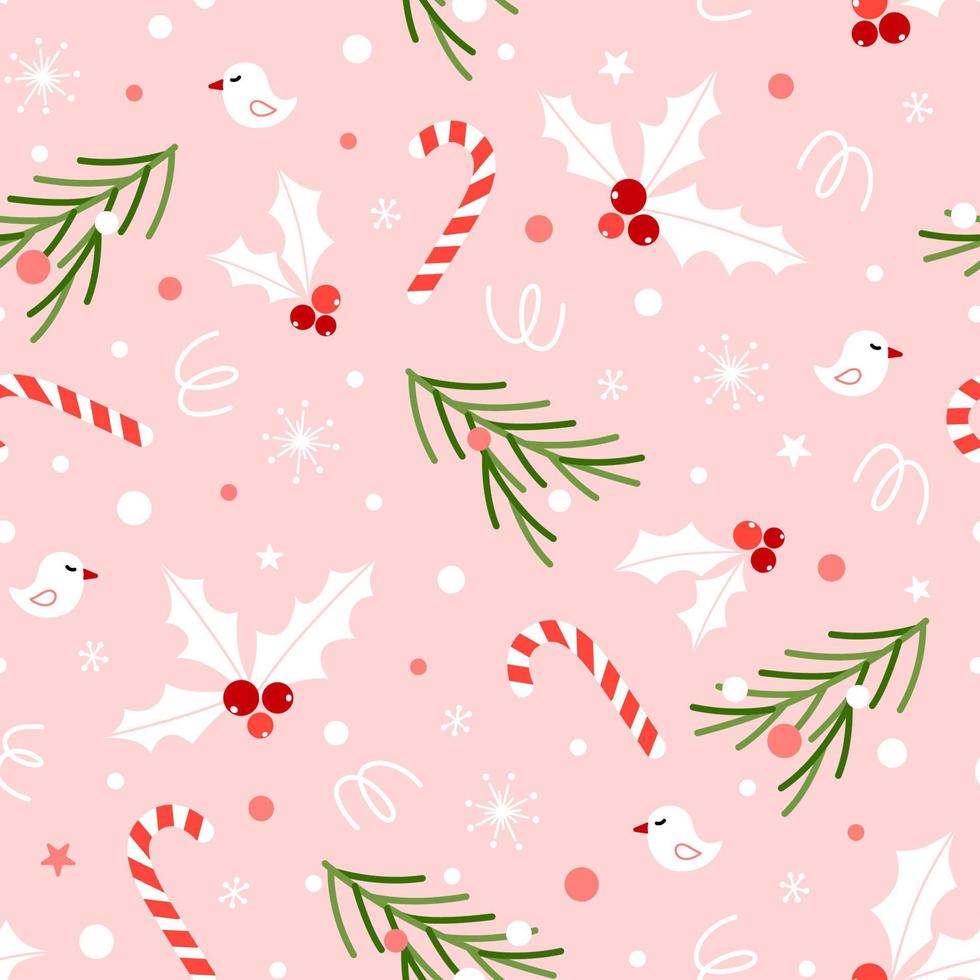 patrón de invierno festivo con rama de árbol de navidad, bastón de caramelo, bayas de acebo, copos de nieve sobre fondo rosa. linda impresión vectorial dibujada en estilo plano para textiles, papel de regalo vector